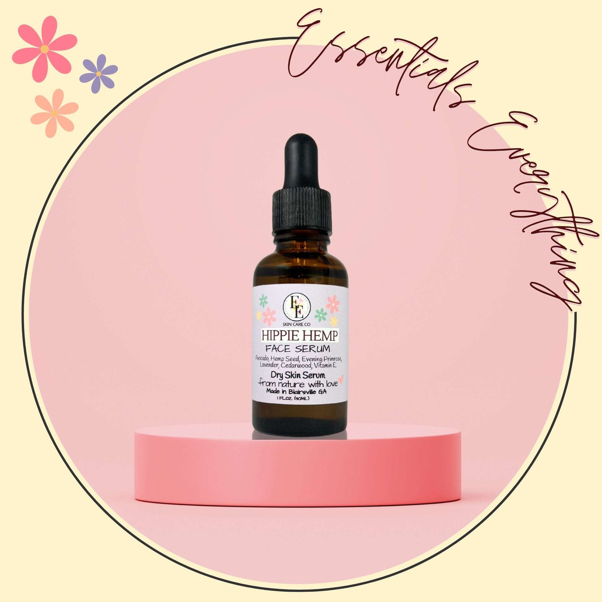Hippie Hemp - All Natural, Hydrating Facial Serum. Perfect for Dry, Combination, Normal to Sensitive Skin Types. By Essentials Everything Skin Care Co. 1 oz.