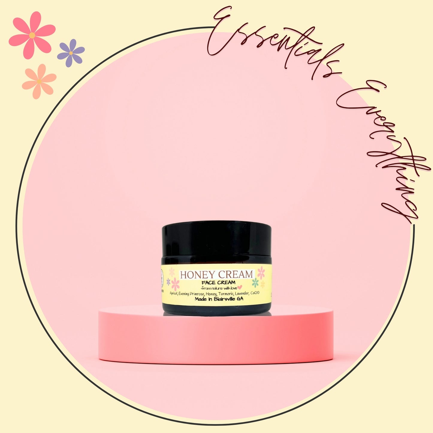 Honey Cream - All Natural, Healing Facial Cream. Perfect for Dry to Mature, Eczema and Sensitive Skin Types. By Essentials Everything Skin Care Co. 1 oz.