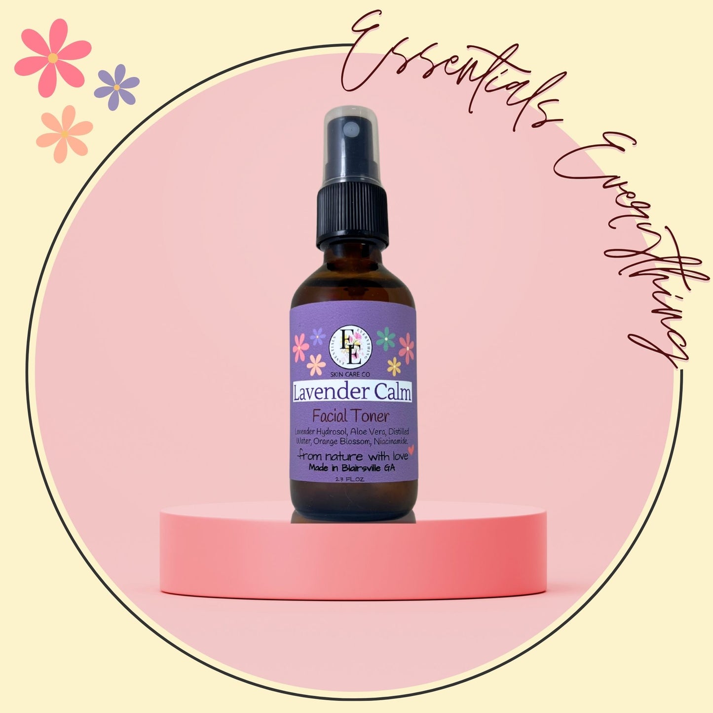 Lavender Calm - Soothing All-Natural Facial Toner for Oily, Sensitive & Acne-Prone Skin Types. By Essentials Everything Skin Care Co. 2.3 oz.