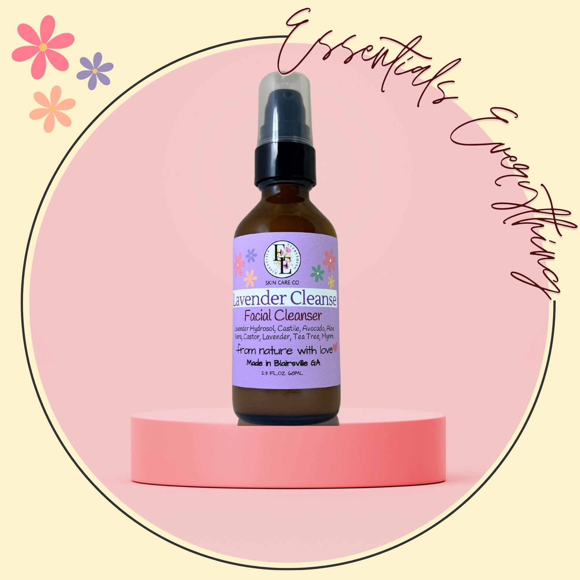 Lavender Cleanse - All Natural Facial Cleanser for Oily, Acne-Prone & Sensitive Skin Types. By Essentials Everything Skin Care Co. Organic, Vegan & Cruelty-Free. 2.3oz.