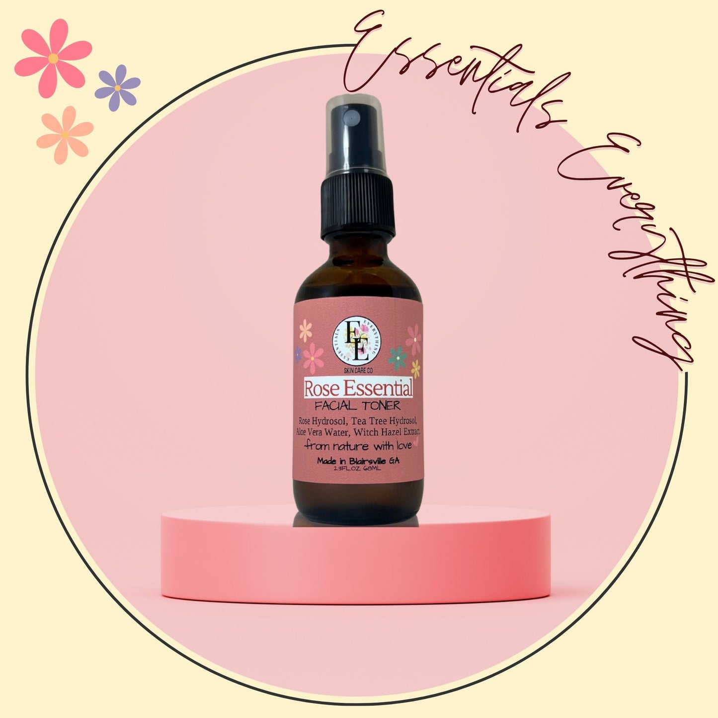 Rose Essential - All Natural, Ph Balancing Facial Toner for All Skin Types. By Essentials Everything Skin Care Co. Organic, Vegan & Cruelty-Free. 2.3 oz.