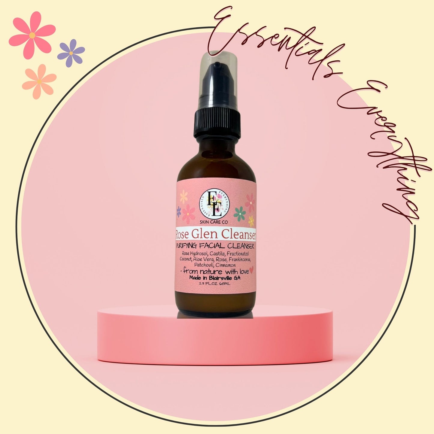 Rose Glen - Gentle, All-Natural Facial Cleanser for All Skin Types. By Essentials Everything Skin Care Co. Organic, Vegan & Cruelty-Free.