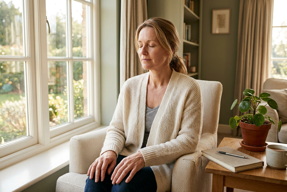 A woman rests with her eyes closed beside a sunlit window, taking a peaceful pause with her hands in her lap