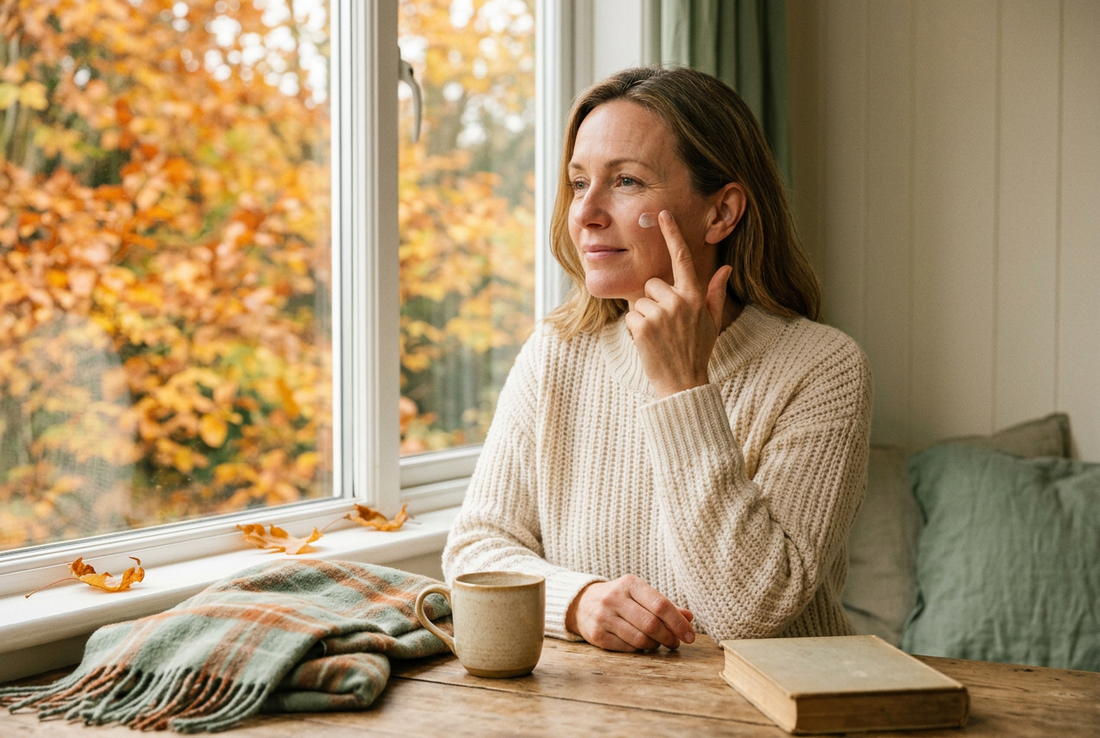 A woman in a cream sweater applies moisturizer beside a window overlooking golden autumn leaves.