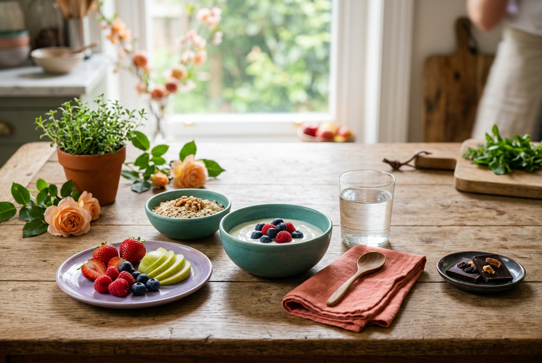 Berries, sliced pear, yogurt, oats, chocolate, and water on a sunlit table with teal bowls and a coral napkin.