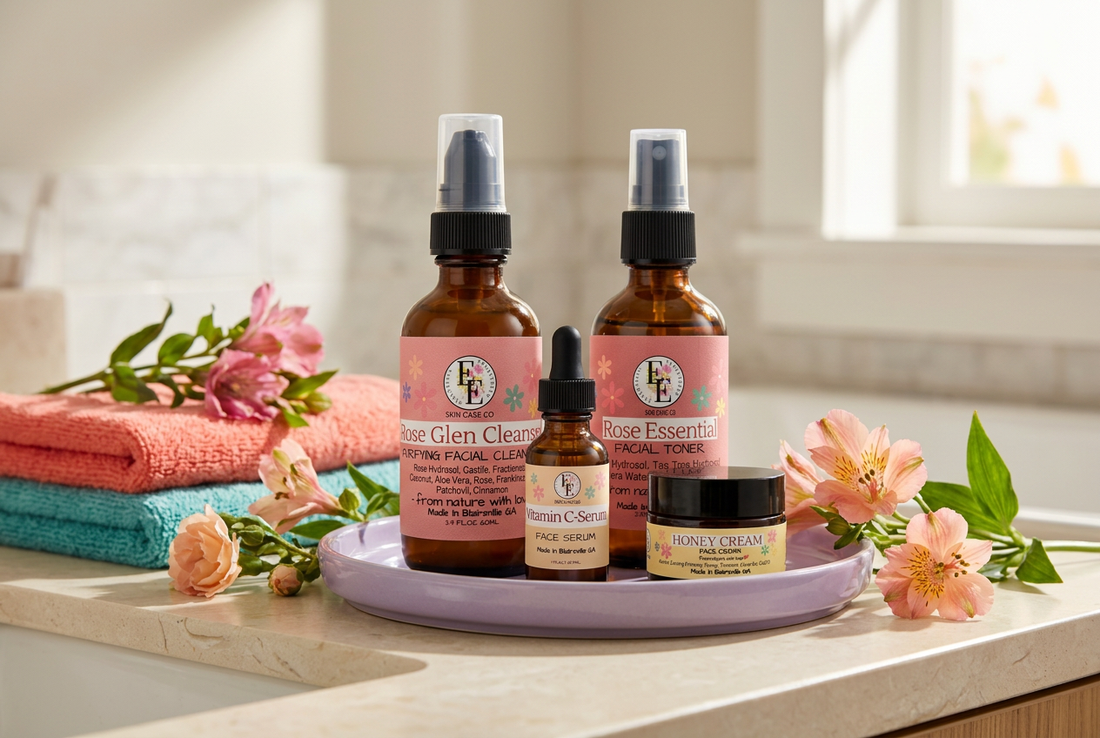 Essentials Everything Rose Glen, Rose Essential, Vitamin C Serum, and Honey Cream on a lavender tray beside colorful towels and flowers.