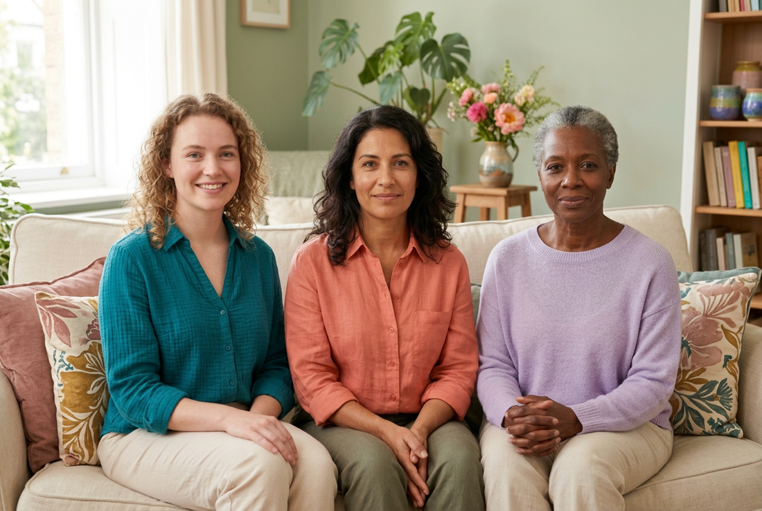 Three women wearing teal, coral, and lavender sit together on a cream sofa with colorful botanical cushions and flowers.