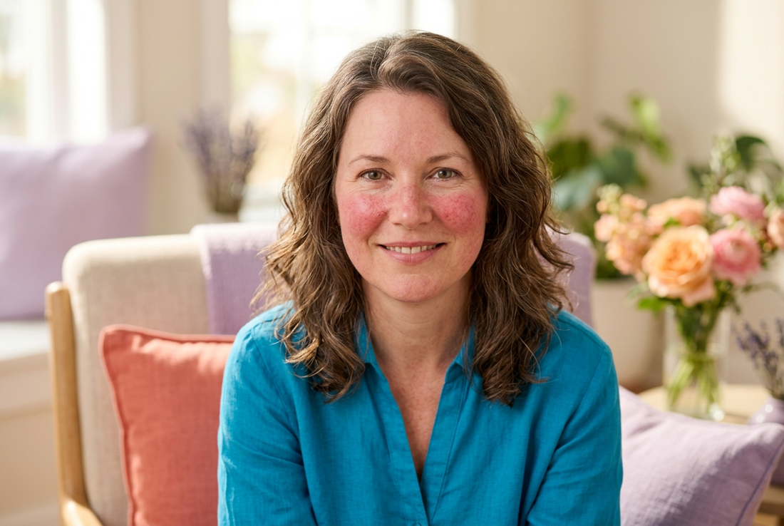A woman with visible redness across her cheeks and nose wears a teal blouse, surrounded by coral and lavender accents and colorful flowers.