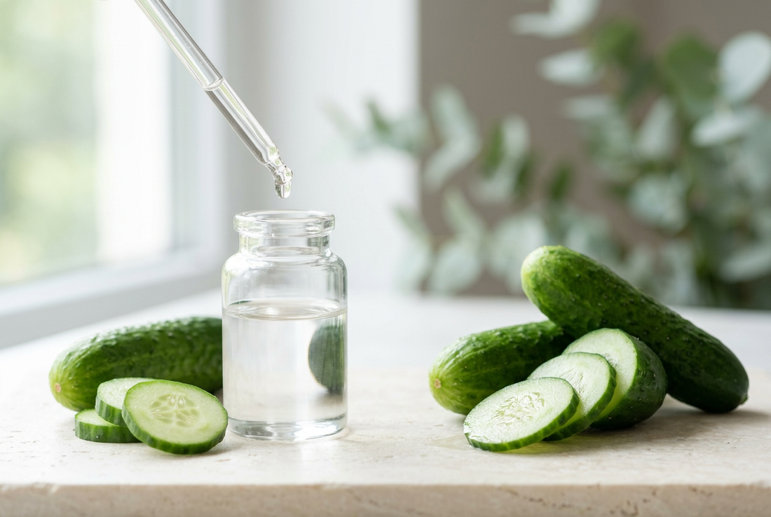 Fresh cucumbers and delicate slices surround a clear glass bottle of vegetable glycerine, while a glass dropper releases a glistening droplet above. Soft natural light and leafy greenery create a fresh, botanical setting inspired by nature.