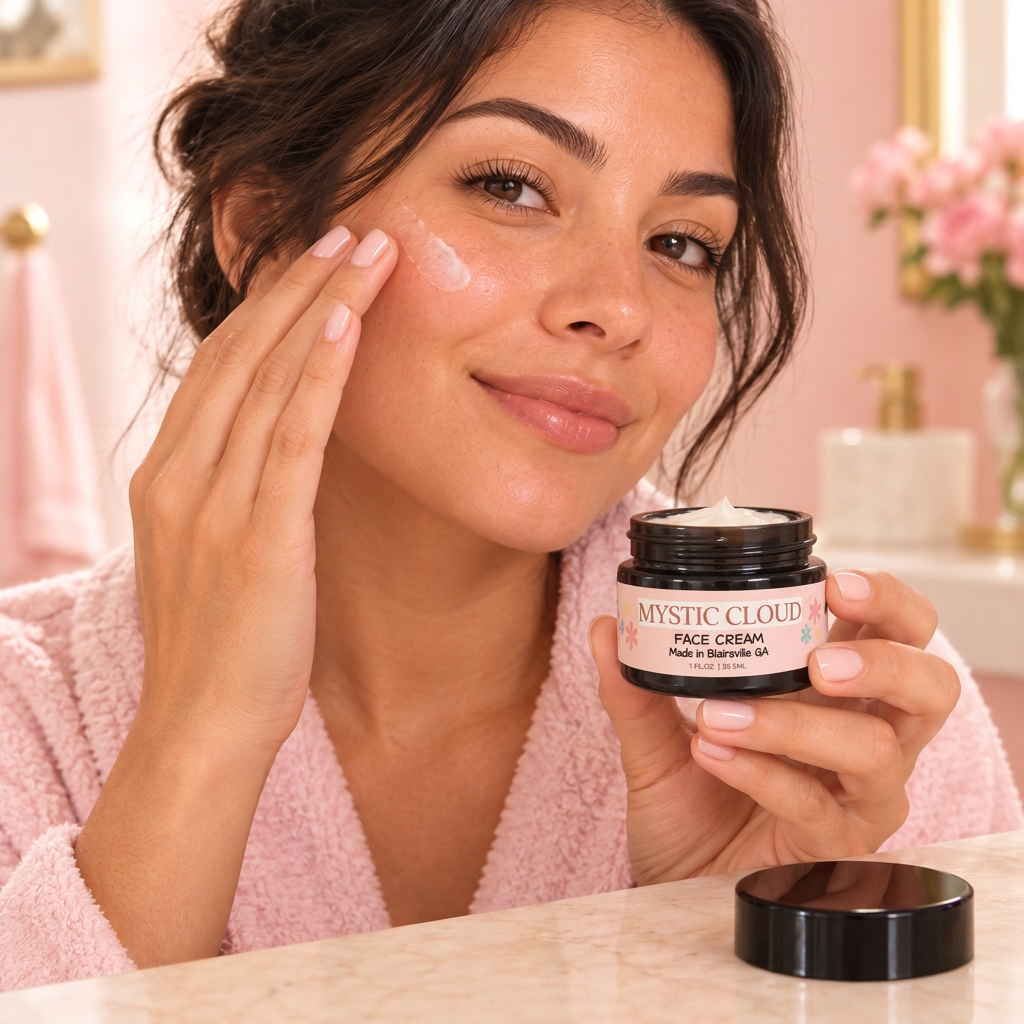 Woman in a soft pink robe gently applying Mystic Cloud face cream to her cheek while holding an open jar, with its black lid on the counter in a warmly lit bathroom.