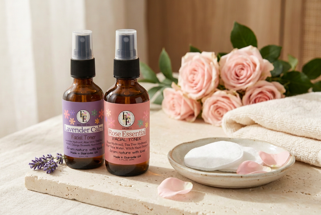 Rose Essential and Lavender Calm, keeping the soft light, roses, and cotton rounds, with a lavender accent beside the purple bottle.