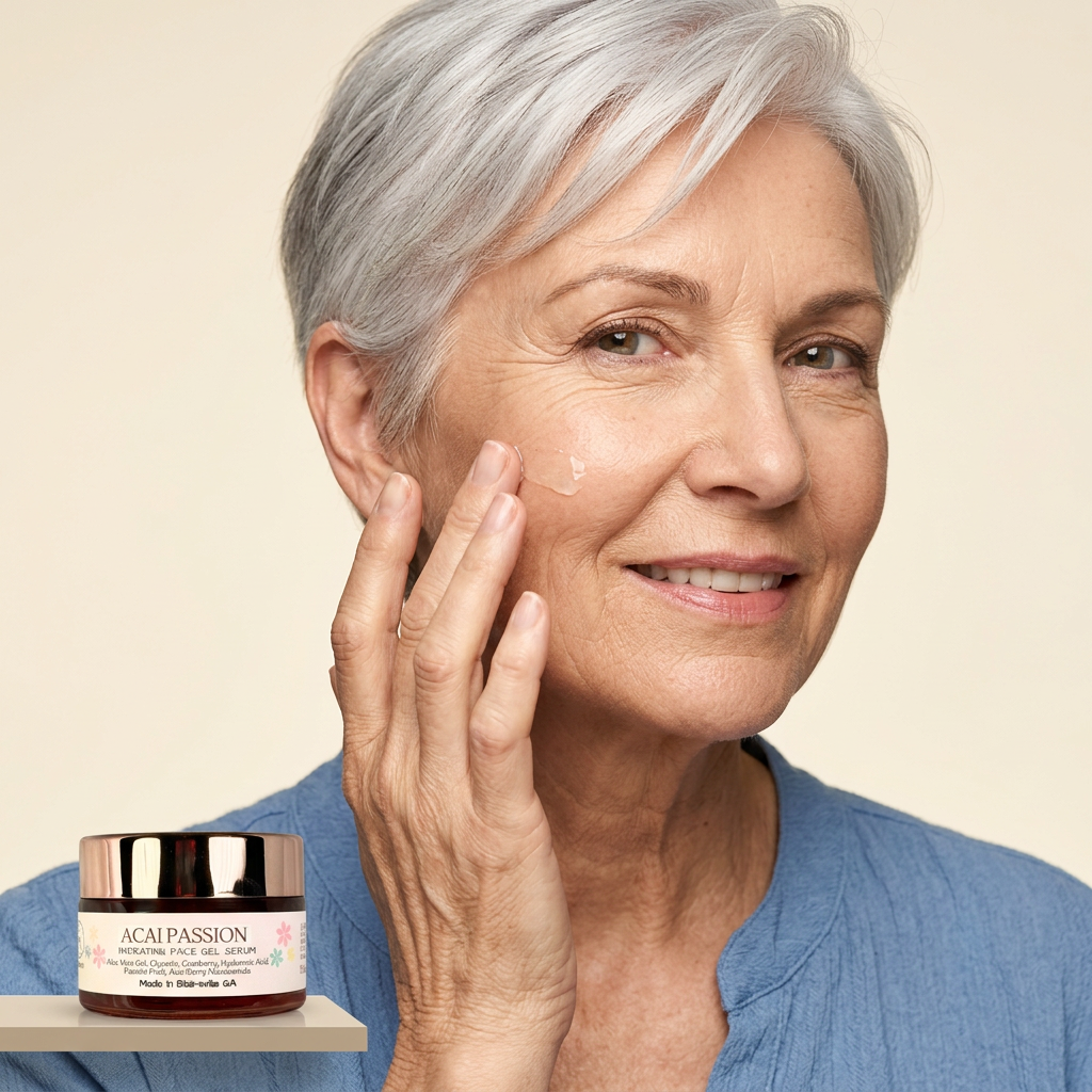 New older woman applying Açaí Passion facial gel