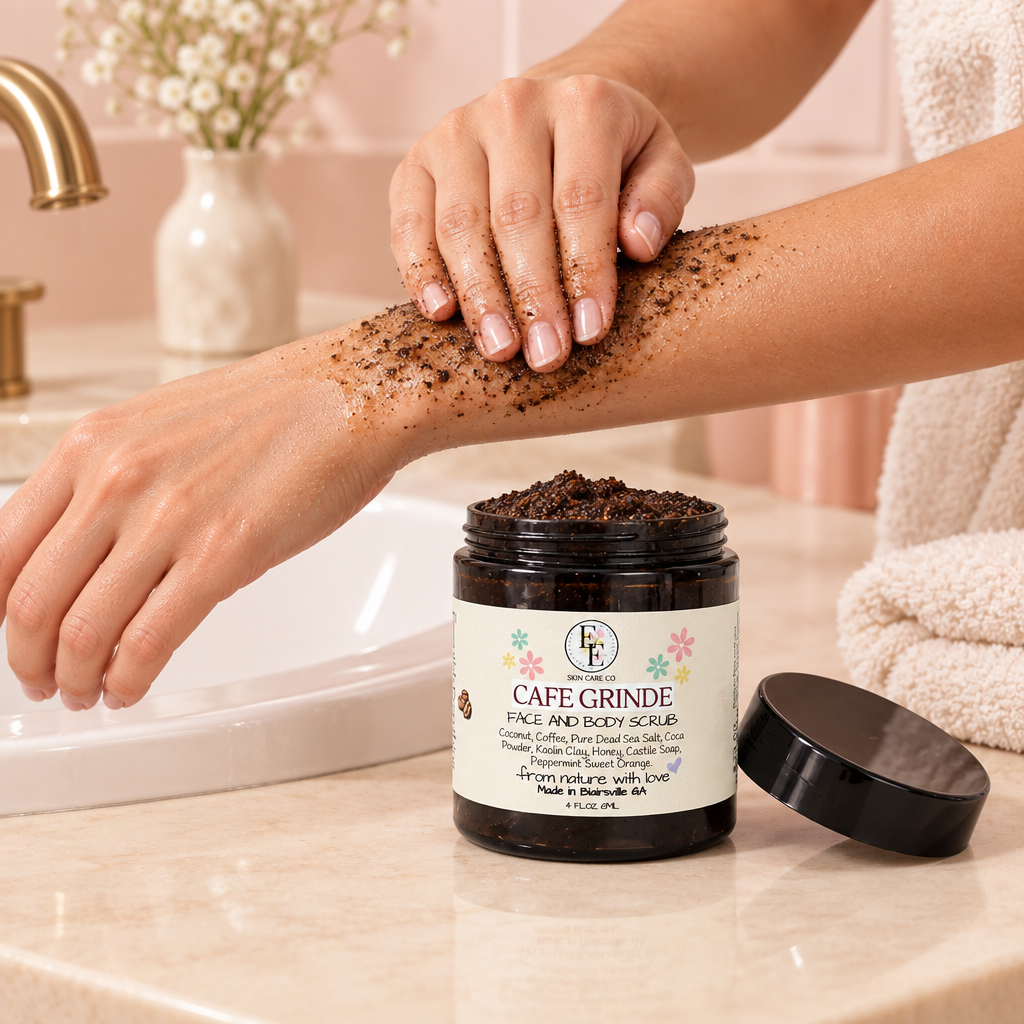 Cafè Grindè scrub being applied to a damp forearm