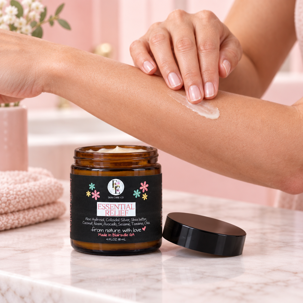Essential Relief cream being applied to a forearm