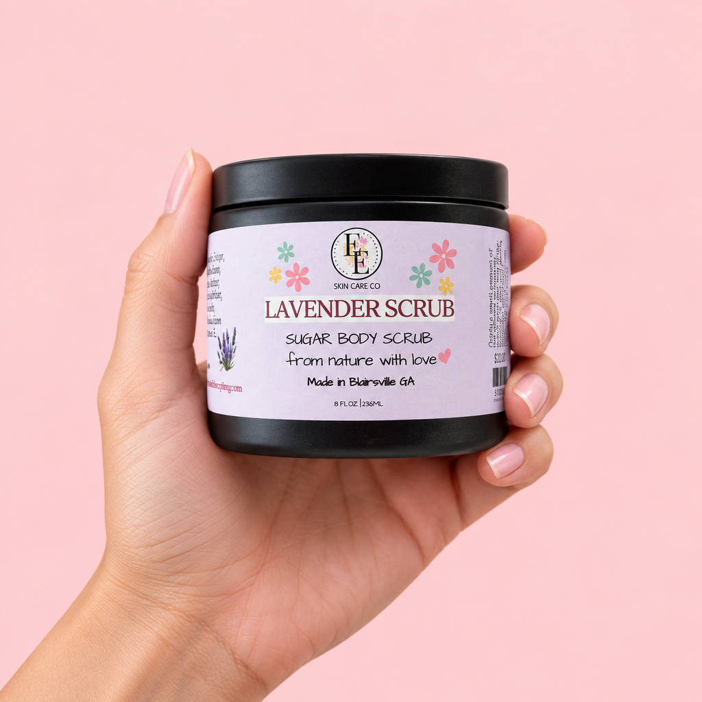 Lavender Sugar Scrub jar held in hand