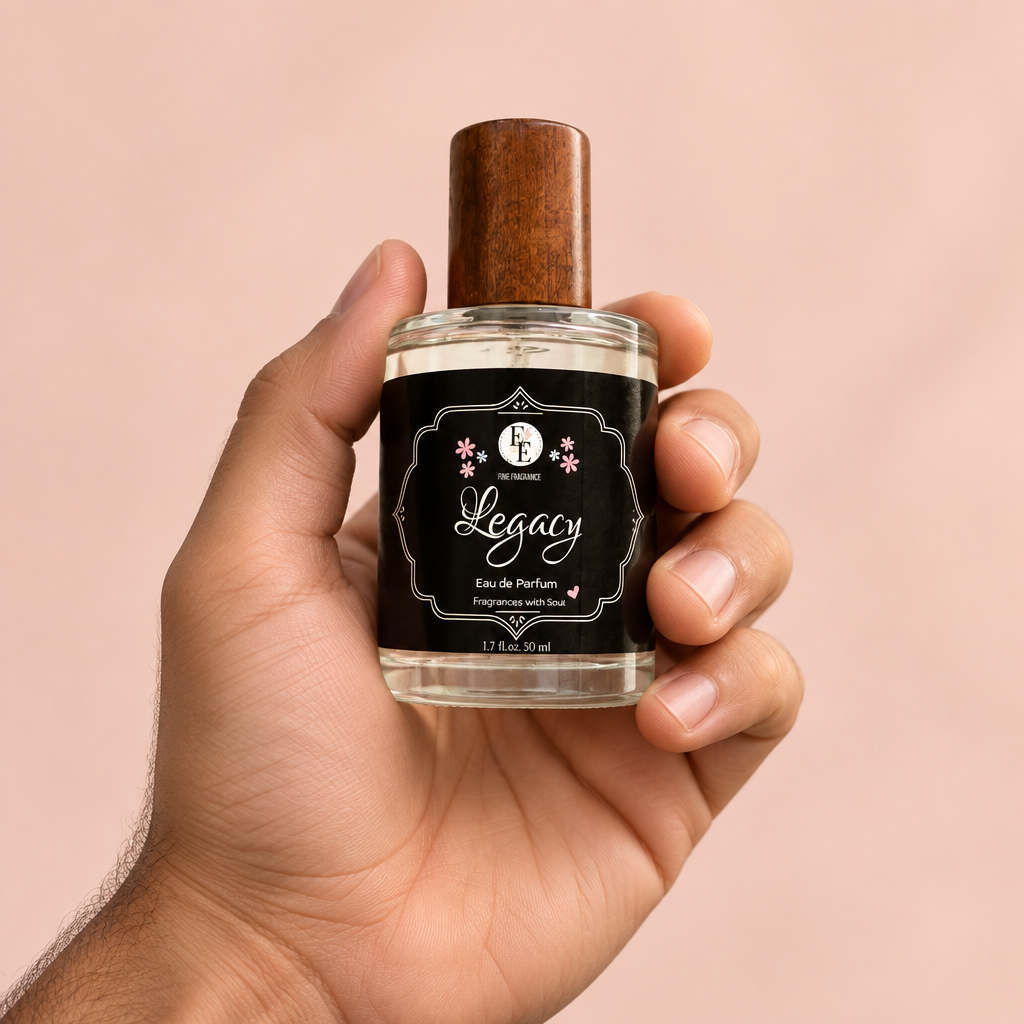 Legacy fragrance bottle held in a man’s hand