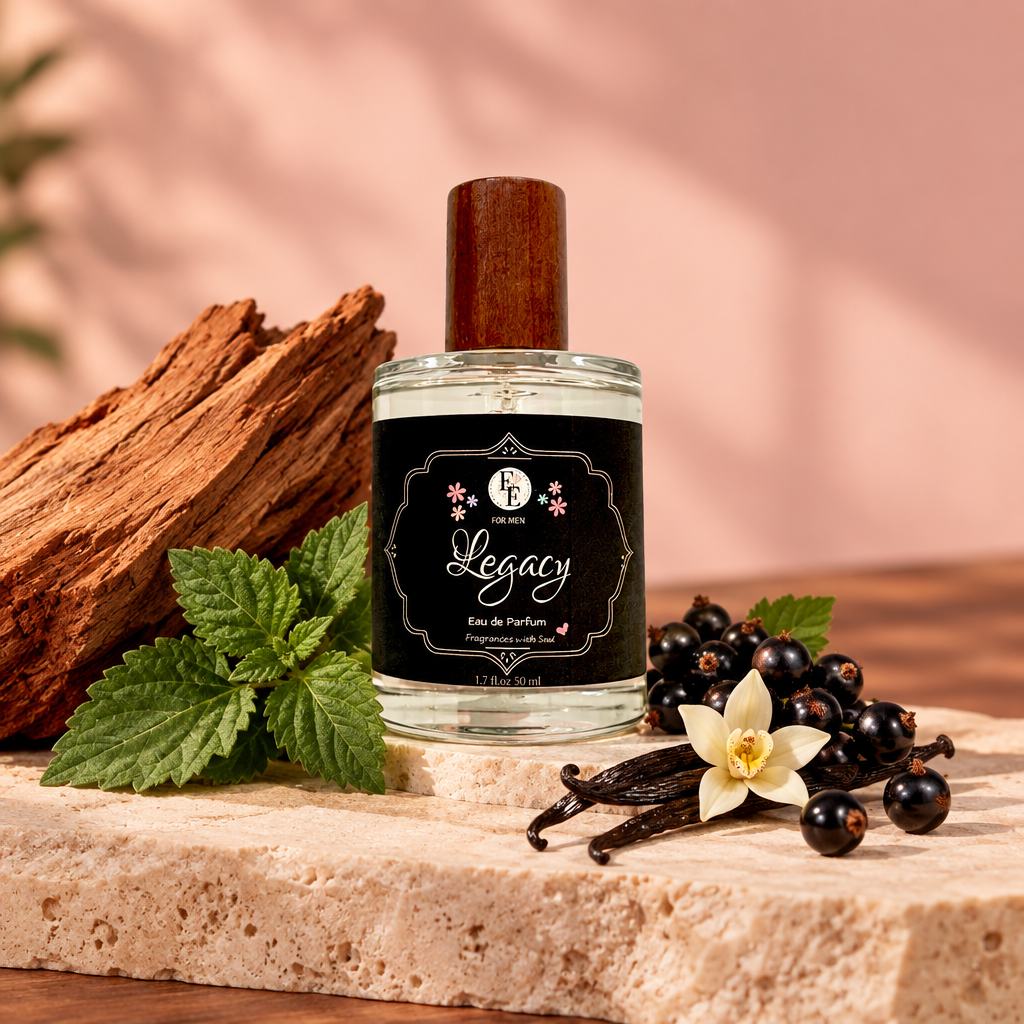 Legacy fragrance with cedar, patchouli, vanilla and black currant props