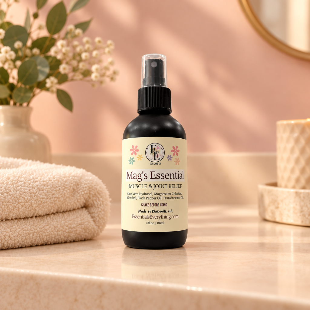 Mag’s Essential bottle beside a folded towel