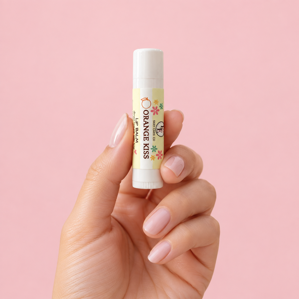 Orange Kiss lip balm held in hand