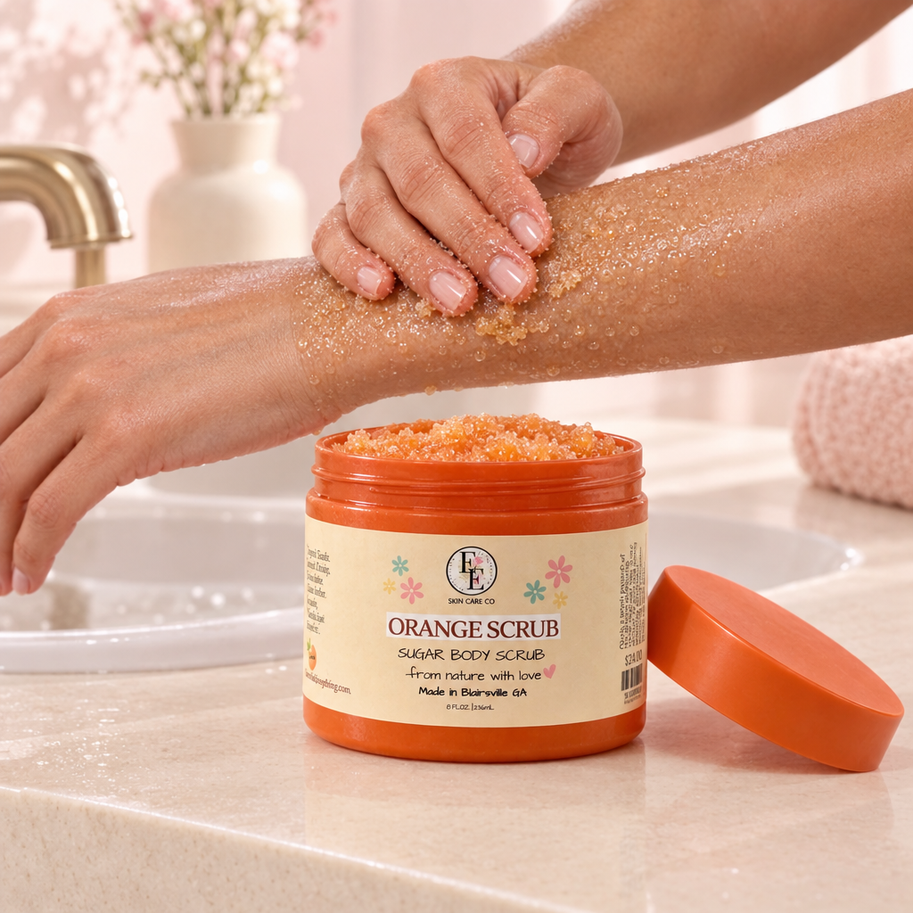 Orange Sugar Scrub being applied to a damp forearm