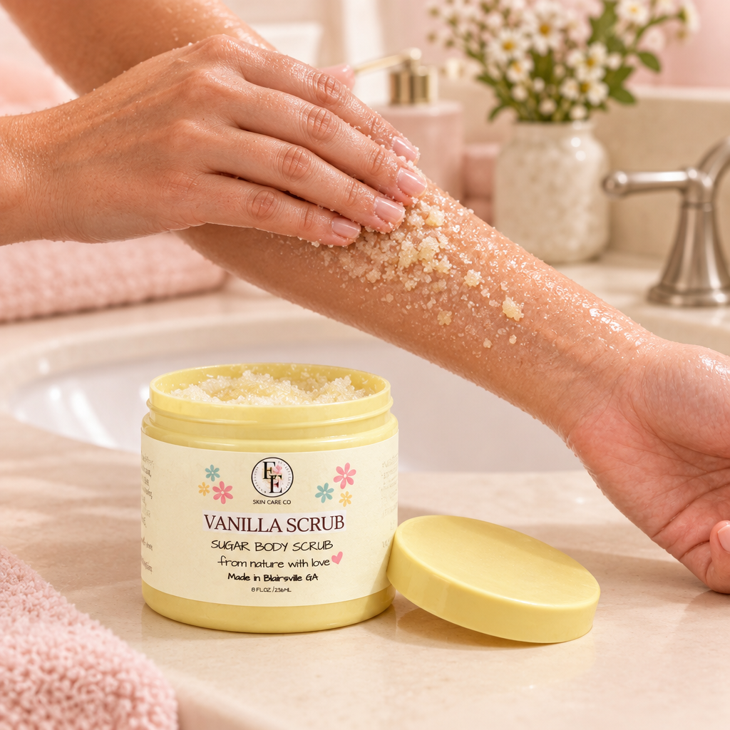 Vanilla Sugar Scrub being applied to a damp forearm