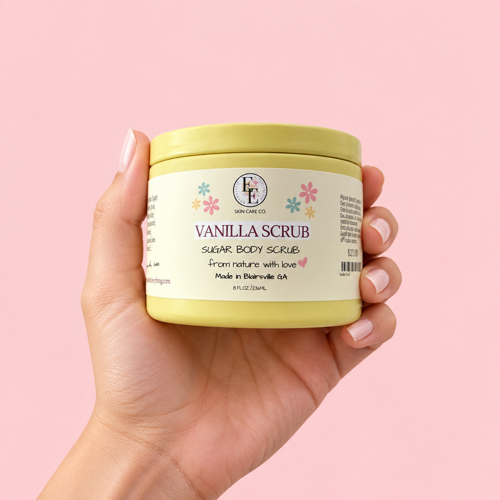 Vanilla Sugar Scrub jar held in hand