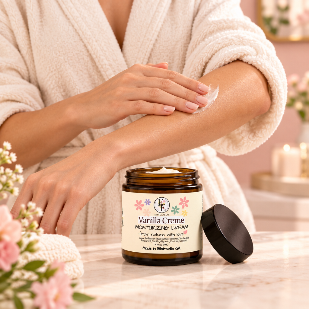 Woman applying body cream beside a Vanilla Crème jar