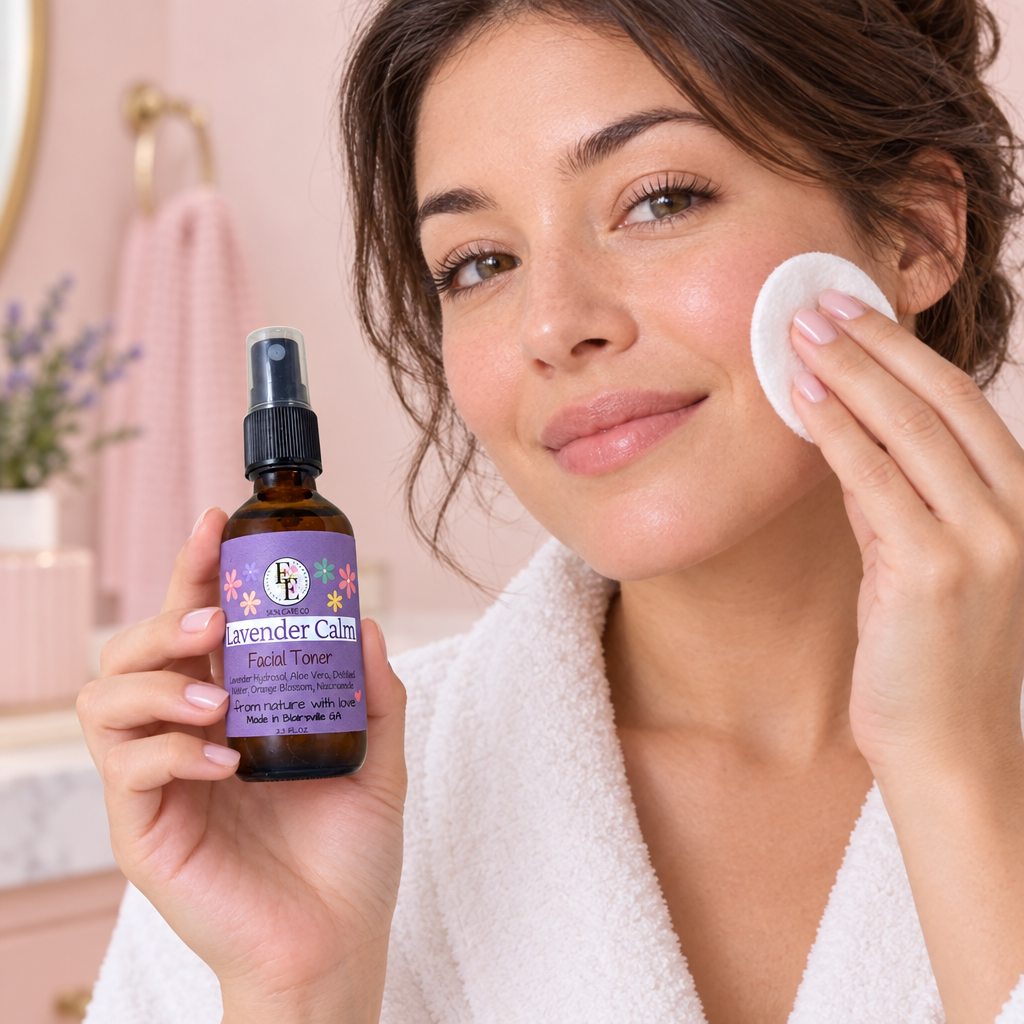 Woman applying Lavender Calm with a cotton pad