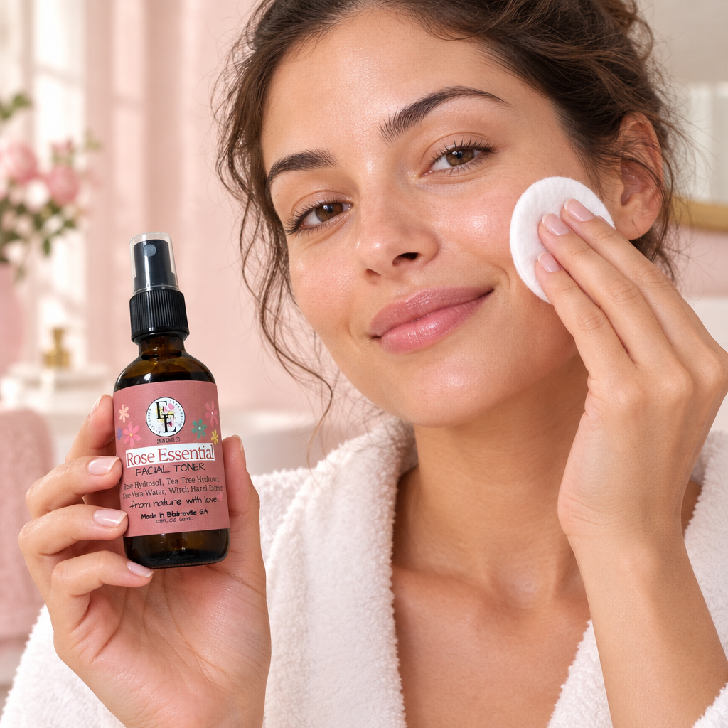 Woman applying Rose Essential with a cotton round