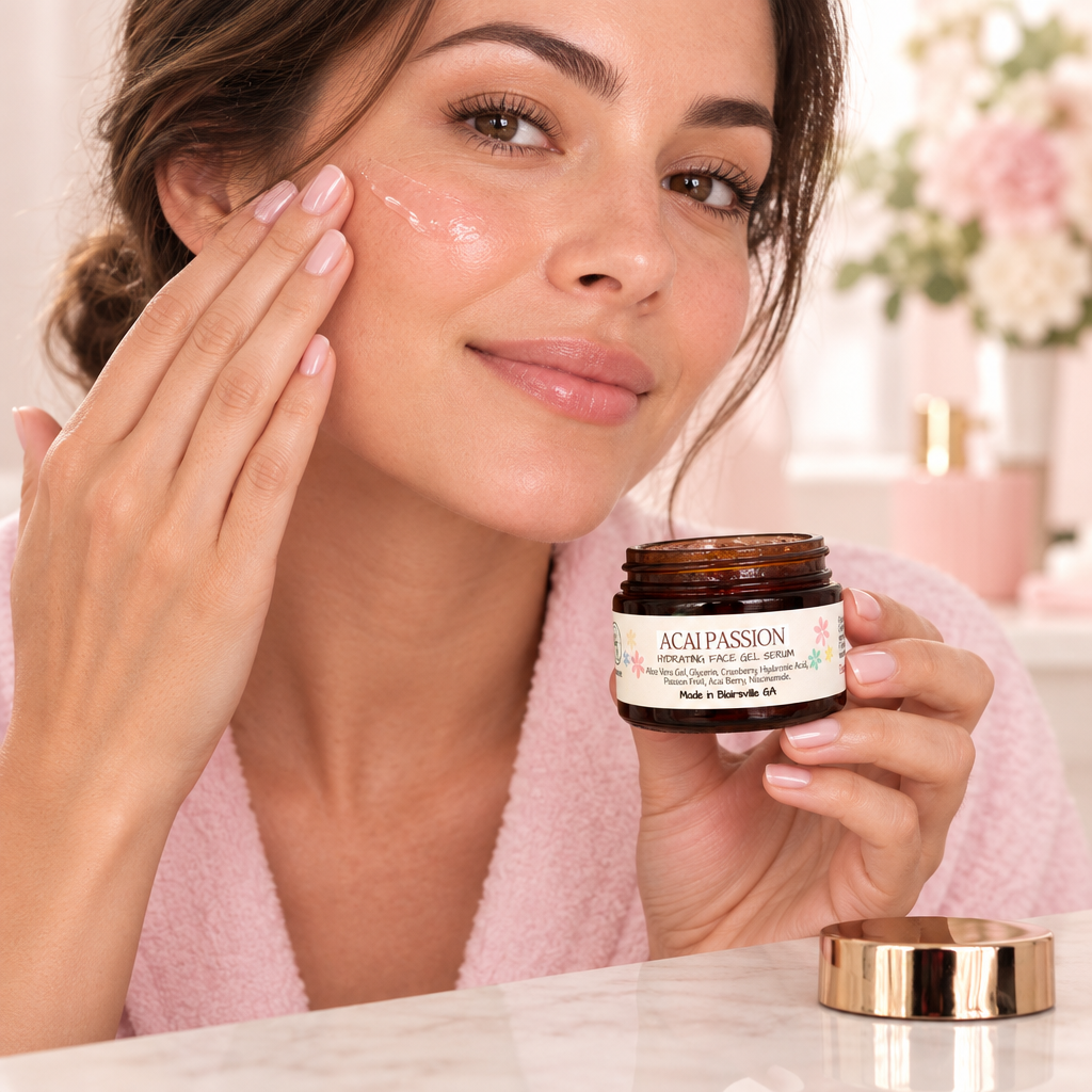 Woman holding Açaí Passion while applying facial gel