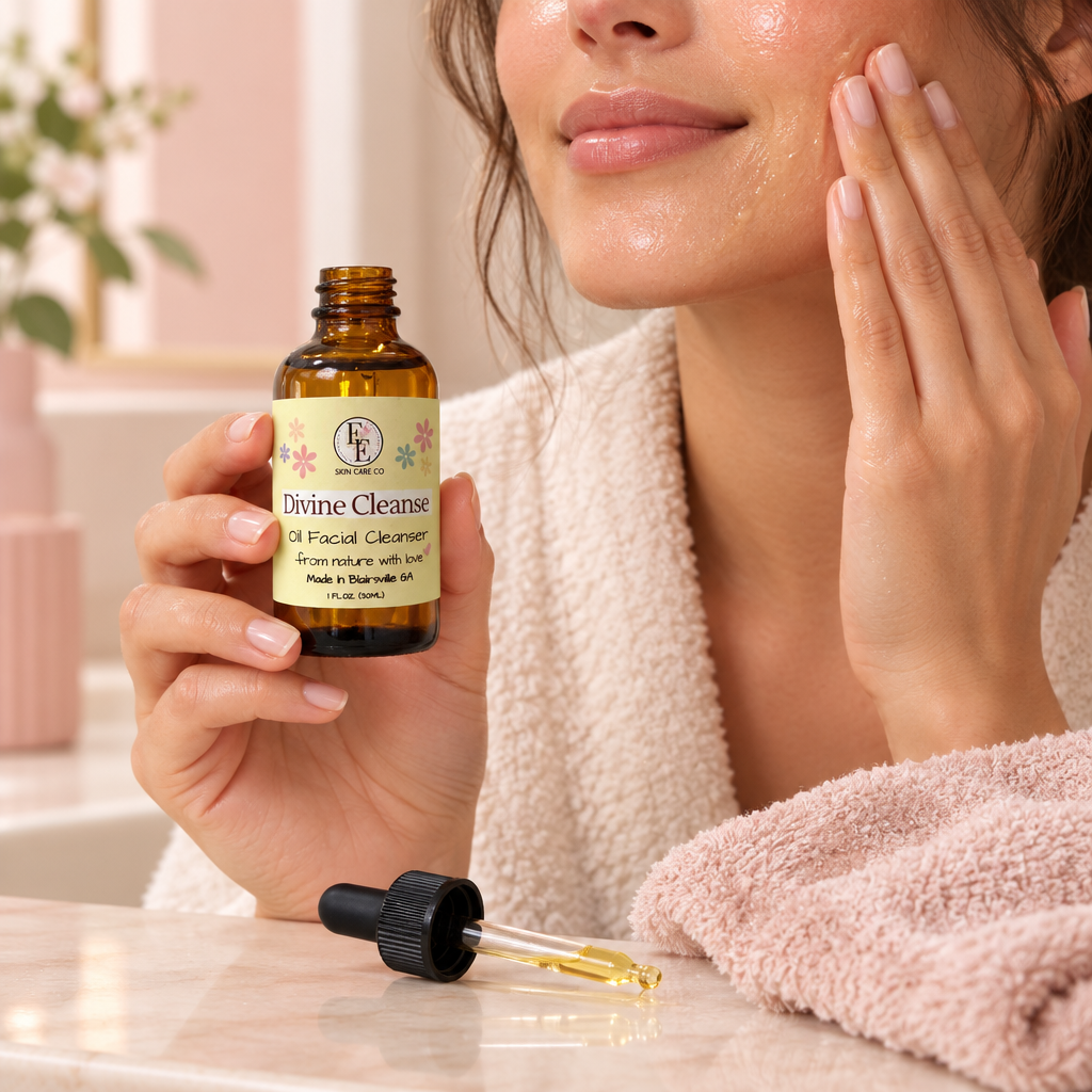 Woman holding Divine Cleanse while cleansing her face