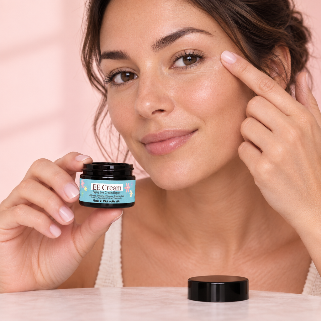 Woman holding EE Cream while applying eye cream