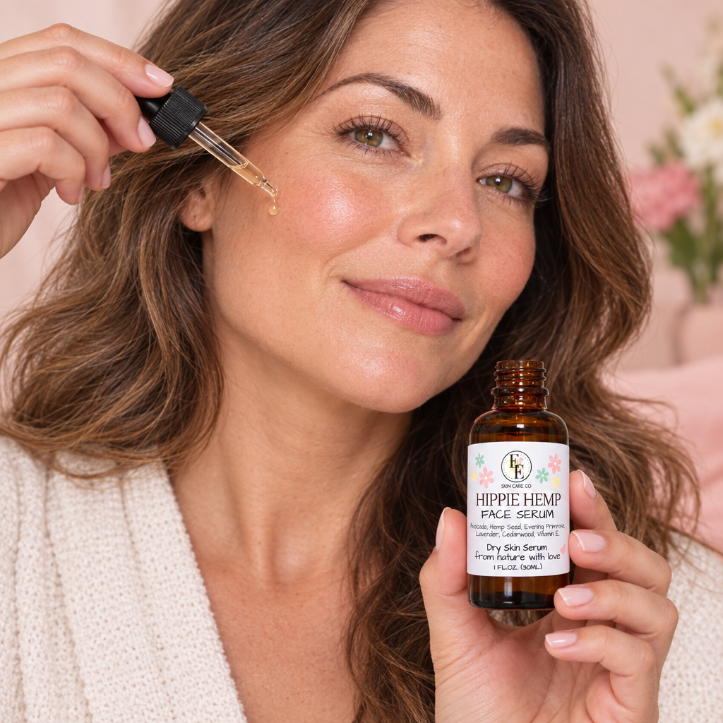 Woman holding Hippie Hemp while applying serum