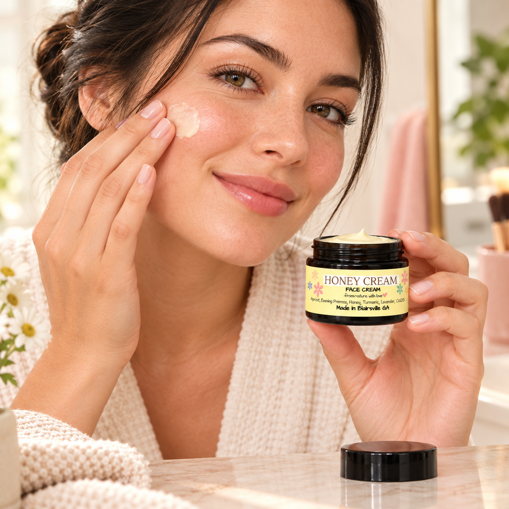 Woman holding Honey Cream while applying moisturizer