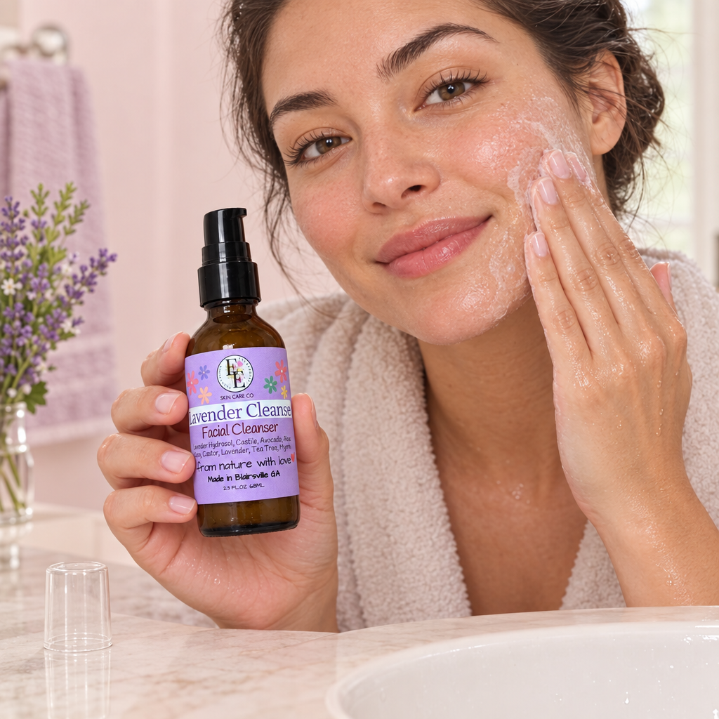 Woman holding Lavender Cleanse while cleansing her face