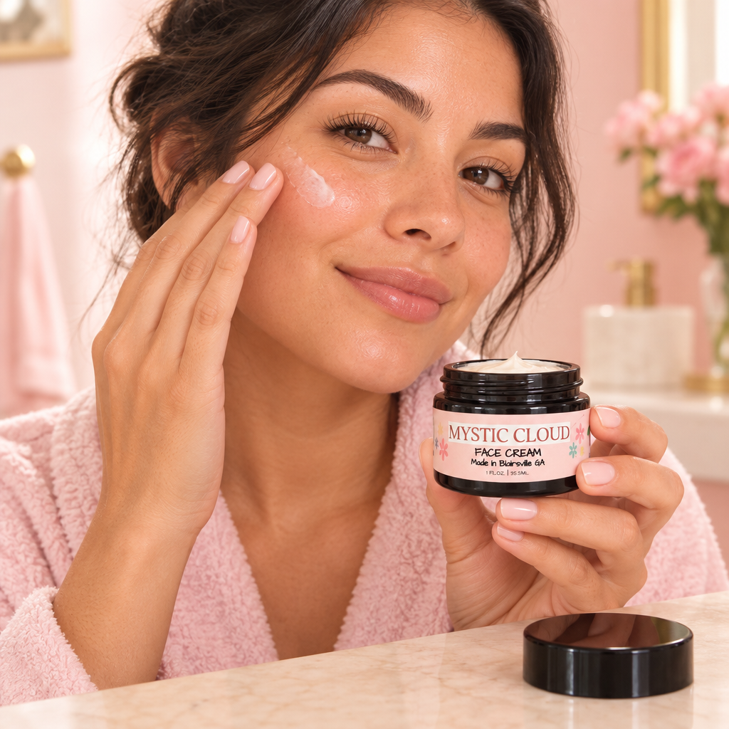 Woman holding Mystic Cloud while applying moisturizer