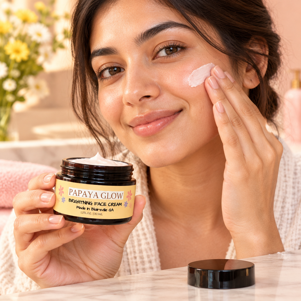 Woman holding Papaya Glow while applying facial cream
