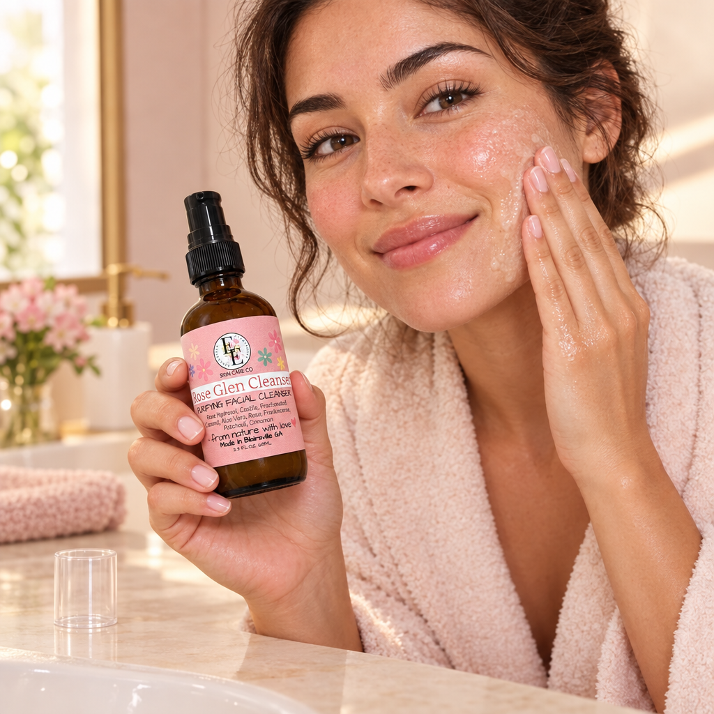 Woman holding Rose Glen while cleansing her face