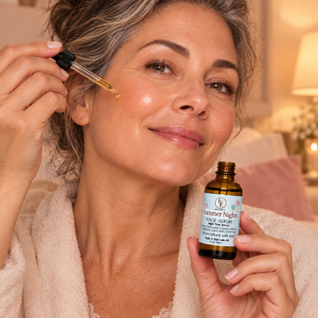 Woman holding Summer Nights while applying serum