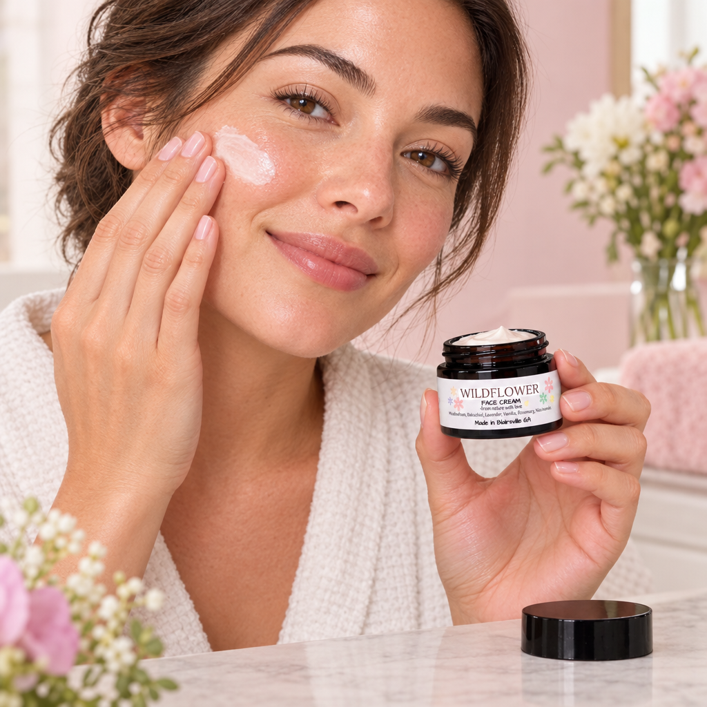 Woman holding Wildflower while applying facial cream